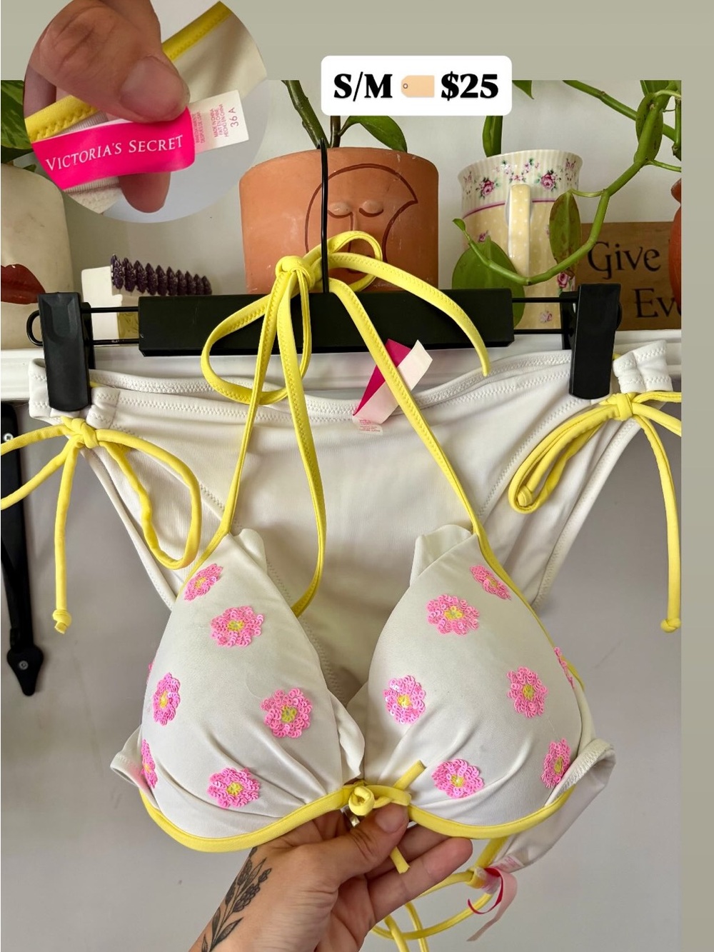 Victoria's Secret White Bikini Top with Pink Floral Embroidery and Yellow Ties